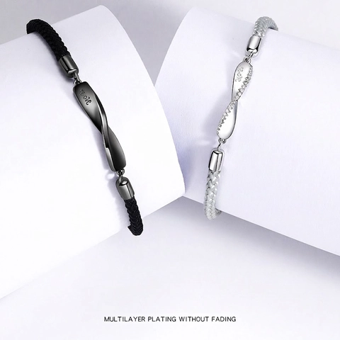 925 Sterlingsilber Möbiusschleife Paar Armbänder Geflochtenes Seil No.52 Graviert Strass Schmuck Geschenk Für Damen Herren
