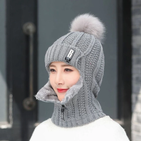 Bonnet Balaclava en Tricot d'Hiver pour Femmes Fermeture Éclair Coupe-vent Doublé en Polaire Chaud Bonnet Masque Cache-cou Ski de Plein Air Casquette de Boule de Poils