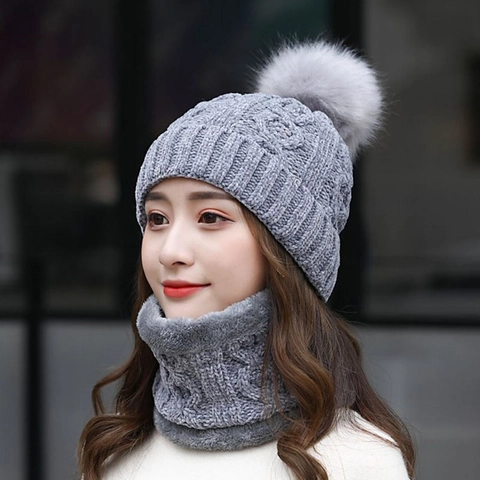 Women Knit Hat And Neck Warmer Winter Warm Thickened Fleece Lined Chenille Pom Pom Beanie Scarf Windproof Casual