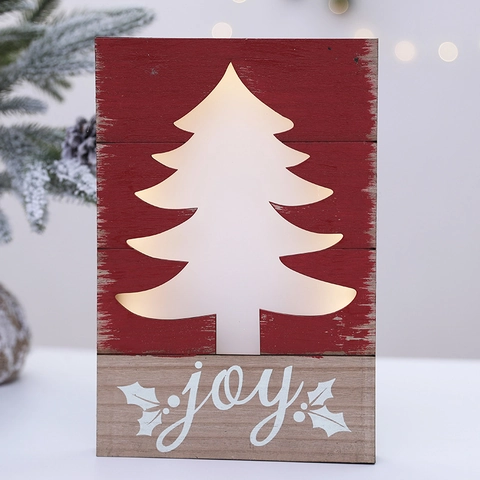 Christmas Wooden LED Light Up Plaque Hollow Carved Reindeer Tree Joy Peace Sign Wall Hanging Festive Home Decoration