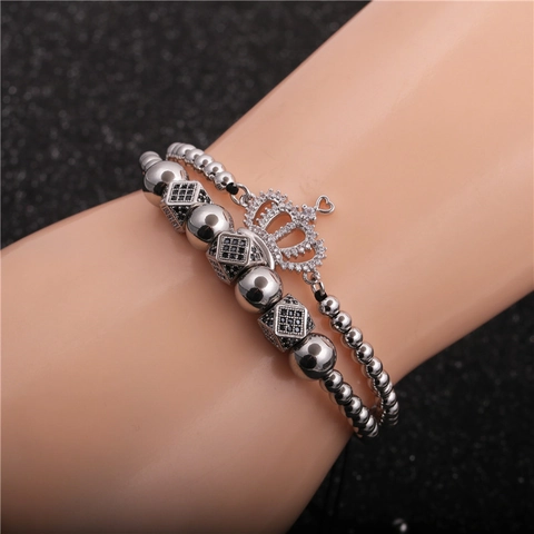 Pulsera Con Dije De Corona Micro Pavé Circonita Cúbica Cuentas De Cobre Cuerda Trenzada Ajustable Joyería Hip Hop Hombre