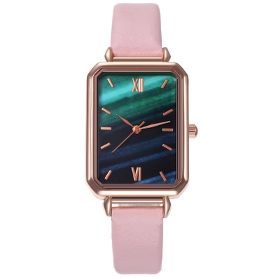 Dames Horloge Kwarts Rechthoekige Roségouden Legering Kast Malachiet Textuur Wijzerplaat Kunstlederen Band Vintage Casual