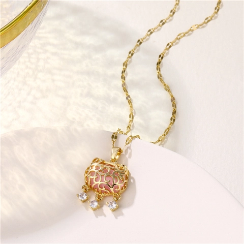 18K Gold Plated Brass Titanium Steel Pink Zircon Hollow Safety Lock Pendant Necklace Sweater Chain For Women