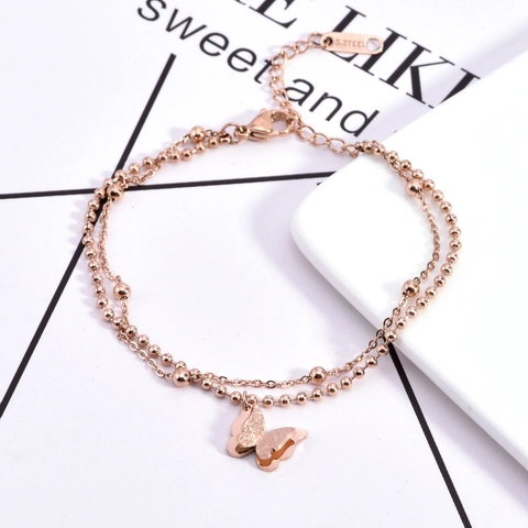 Rose Gold Double Layer Butterfly Bracelet Titanium Steel Bead Chain Jewelry For Women Elegant Adjustable Non-Fading
