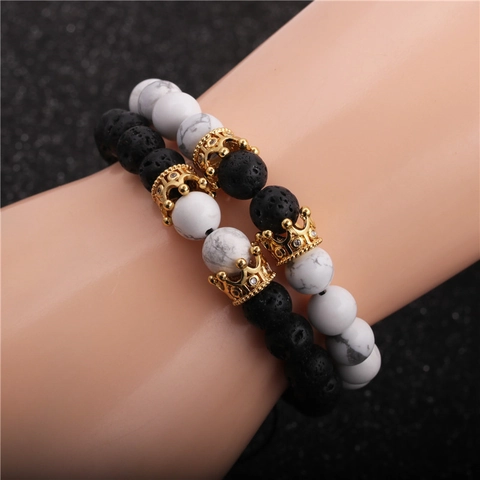 Lava Stone White Turquoise Crown Beaded Bracelet Jewelry For Men Zircon Alloy Adjustable Braided Accessories