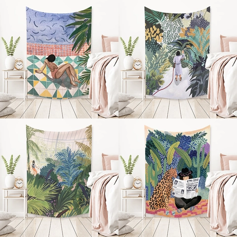 Arazzo Da Parete Tessuto In Poliestere Illustrazione Artistica Boemia Motivi Piante Tropicali Animali Arredamento Casa