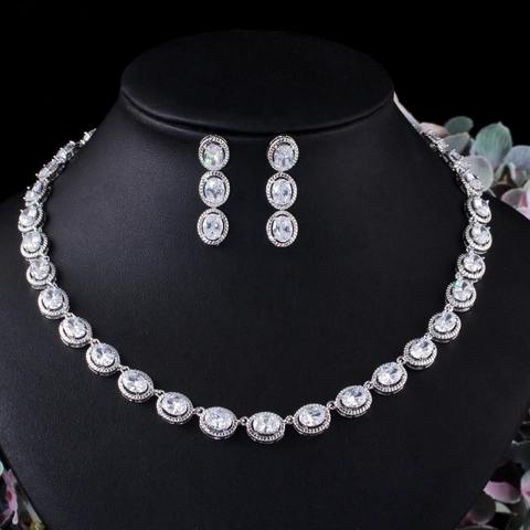 Elegantes Oval Zirkonia Schmuckset Für Damen Kupfer Galvanisiert Halskette Ohrringe Braut Hochzeit Schmuck Zubehör