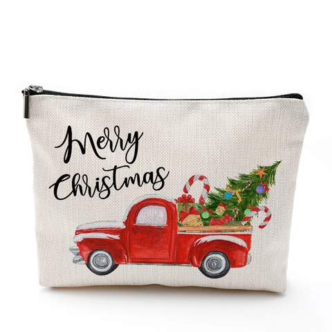 Weihnachts Kosmetiktasche Wasserdichtes Leinen Reißverschluss Reise Kulturbeutel Festliches Rotes LKW Weihnachtsmann Muster