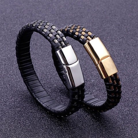 Bracciale Da Uomo In Pelle Intrecciata Con Chiusura Magnetica In Acciaio Inossidabile 316L Braccialetto In Pelle Punk