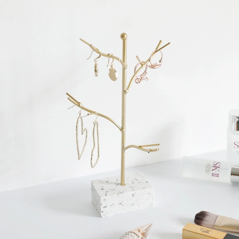 Jewelry Organizer Stand Nordic Metal Tree Branch Earring Necklace Display Holder With Marble Textured Base Vanity Decor