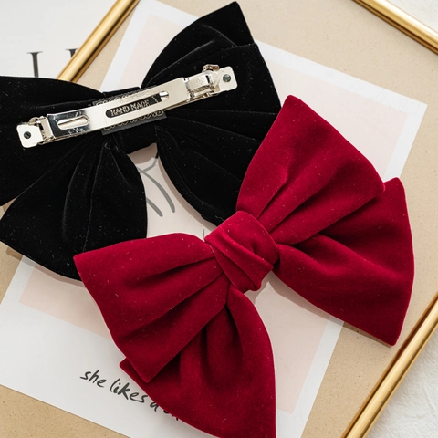 Grote Fluwelen Boog Haarclips Voor Vrouwen Elegant Handgemaakt Vintage Wijnrood Zwart Metalen Veerclips Haarpeld