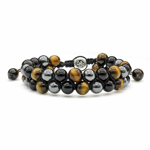 Double Layer Beaded Bracelet With Tiger Eye Lava Stone Hematite Handmade Braided Rope Adjustable Retro Men Women Jewelry