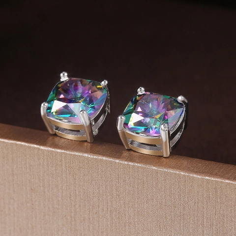 Square Zircon Stud Earrings Geometric Copper Four Prong Setting Fashion Daily Jewelry For Women Colorful Elegant Accessory