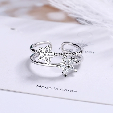 Korean Flower Double Layer Open Ring For Women Copper White Gold Plated Inlaid Rhinestone Adjustable Finger Jewelry