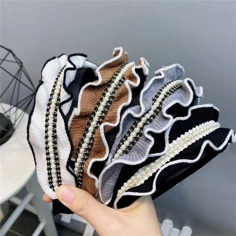 Gestricktes Stirnband Mit Rüschenrand Künstliche Perlen Französisches Elegantes Haarband Für Damen Retro Stoff Accessoire Modisch