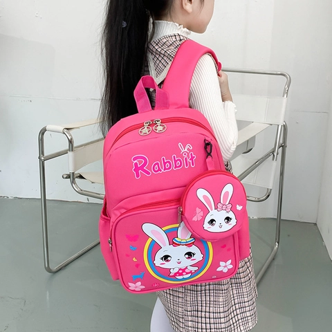 Kids School Backpack With Mini Round Coin Purse Nylon Waterproof Lightweight Breathable Cartoon Rabbit Dinosaur Design