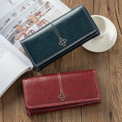 Cartera Larga Para Mujer Cuero PU Retro Vintage Gran Capacidad Multi Ranuras Para Tarjetas Decoración Flor Metal Bolso