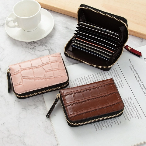 Porta Carte Donna Mini Portafoglio Pelle PU Goffratura Coccodrillo Blocco RFID Multi Slot Chiusura Lampo Vintage Borsellino