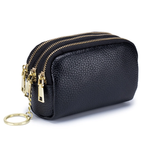 Genuine Leather Coin Purse Women Triple Zipper Mini Wallet Pebbled Texture Cowhide Keychain Ring Portable Small Pouch