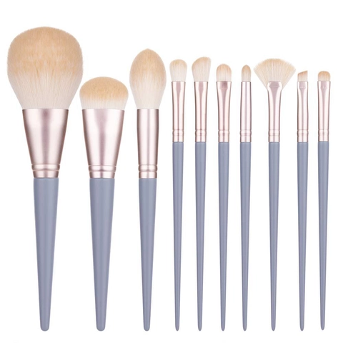 Professionele Make-Up Borstels Synthetische Vezelharen Houten Handvat Roségouden Ring Grijsblauwe Beauty Tools