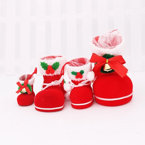 Stivale Di Natale Sacchetto Di Caramelle Rosso Floccato Contenitore Regalo Decorazione Tavola Festa Ornamenti Natalizi