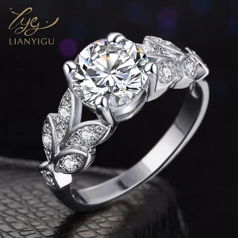 Elegant Leaf Design Ring Copper With Zircon Round Cut Four Prong Engagement Wedding Jewelry For Women