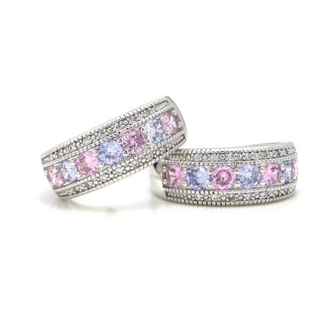 Luxury Eternity Ring Colorful Pink Purple Cubic Zirconia Copper Band With Milgrain Edge Vintage Fashion Jewelry For Women