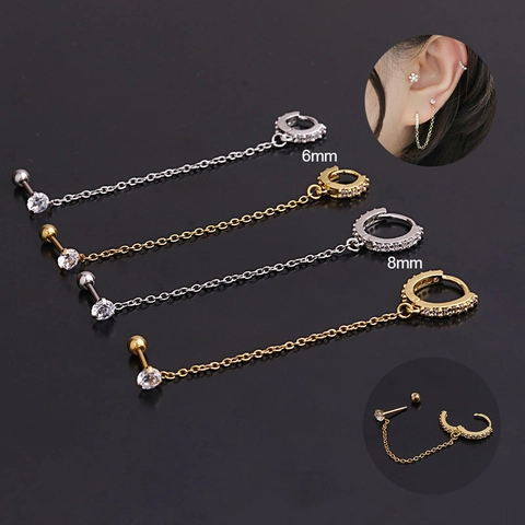 Linked Chain Piercing Earrings With Stainless Steel Earring Post And Copper Zircon Double Hole Mini Jewelry For Women