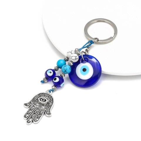 Portachiavi Malocchio Blu in Lega Di Zinco Mano Di Fatima Ciondolo Per Borsa Con Perline Portachiavi Per Auto Regalo Donna Uomo
