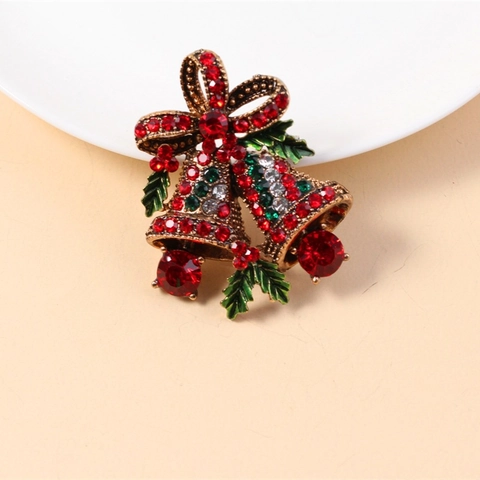 Broche Cloche De Noël Vintage Alliage Strass Émail Nœud Feuille De Houx Bijou Accessoire Femme Vacances