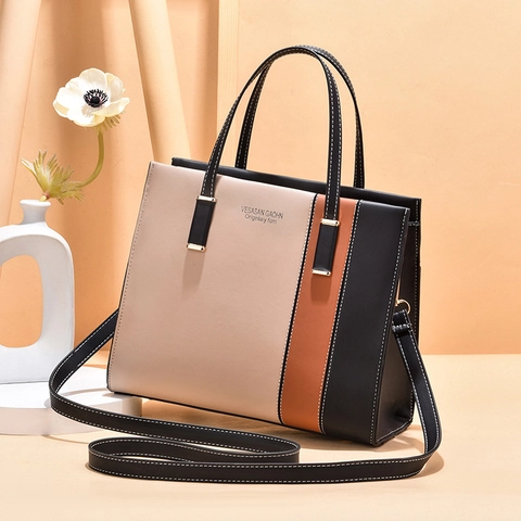Kleurblok Dames Handtas PU Leer Grote Capaciteit Tote Schouder Schoudertas Trendy Elegant Dagelijks Woon Werkverkeer Tas