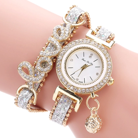 Women Fashion Quartz Bracelet Watch Rhinestone LOVE Letter Wrap Around PU Leather Strap Alloy Case Ball Pendant Jewelry Watch