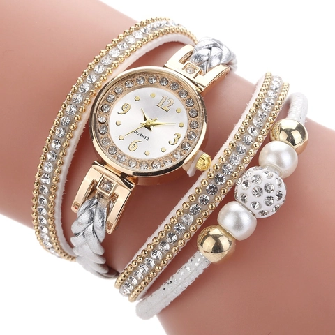 Boheemse Meerlaagse Wikkelarmband Horloge Voor Vrouwen Luxe Strass Parel Kralen PU Leren Band Quartz Polshorloge