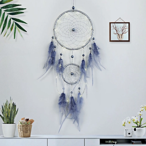 Handgefertigter Traumfänger Mit Federn Holzperlen Verschachtelten Ringen LED-Lichter Wanddekoration Schlafzimmer Boho-Stil