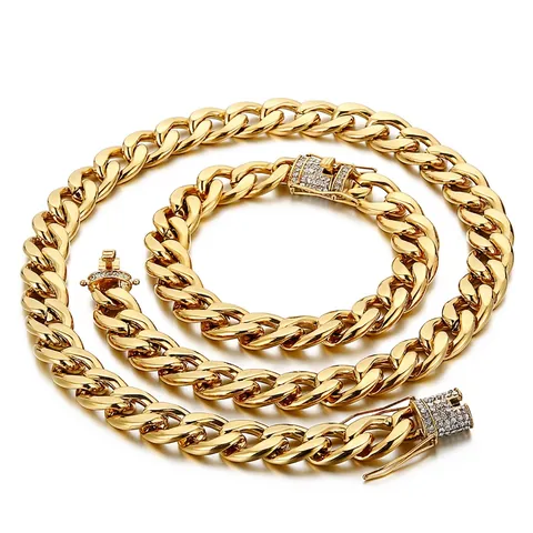 Collar Y Pulsera De Cadena De Eslabones Cubanos Para Hombre De Acero Inoxidable 316L Con Hebilla De Diamantes Hip Hop Rock