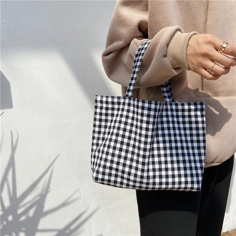 Bolso de Mano de Algodón y Lino a Cuadros Estilo Japonés Bolsa de Almuerzo Plaid Fresca Literaria Bolso de Compras Ligero Portátil para Estudiantes Mujeres Diario Casual Pequeño