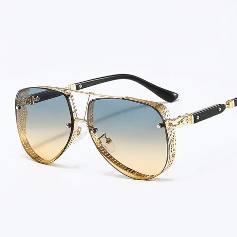 Aviator Sunglasses For Men Metal Frame Retro Steampunk Style With Hollow Out Mesh Side Shields UV400 Gradient Lens Fashion