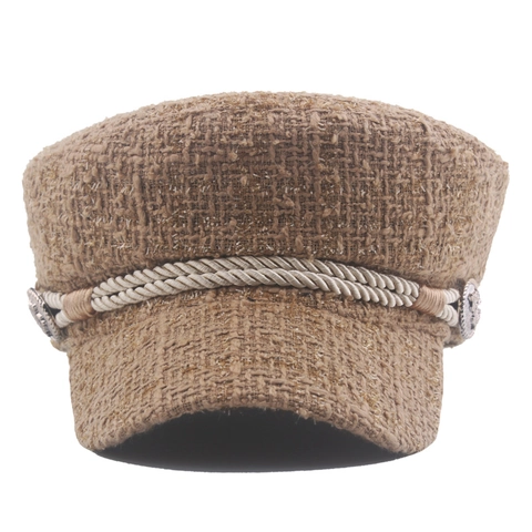 Women Vintage Tweed Newsboy Cap Autumn Winter Warm Navy Hat With Braided Rope Metal Button British Style Flat Top Beret