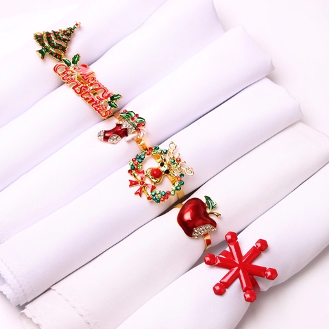 Ronds De Serviette De Noël Renne Sapin De Noël Flocon De Neige Alliage Émail Strass Décoratifs Porte-Boucle De Table