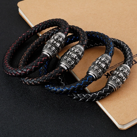 Pulsera De Cuero De Vaca Trenzado Para Hombres Con Charms De Calavera De Acero Inoxidable Cierre Magnético Joyería Punk Rock