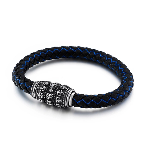 Pulsera De Cuero De Vaca Trenzado Para Hombres Con Charms De Calavera De Acero Inoxidable Cierre Magnético Joyería Punk Rock