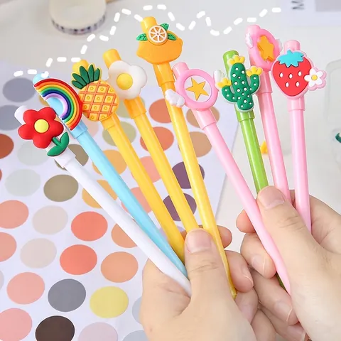 Stylos Gel Neutres Dessin Animé Pointe Fine Écriture Douce Plastique Avec Décoration Silicone Fruits Animaux École Bureau