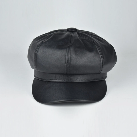 Women Newsboy Cap Retro PU Leather Octagonal Painter Hat Vintage Solid Color Adjustable Fashion Accessory