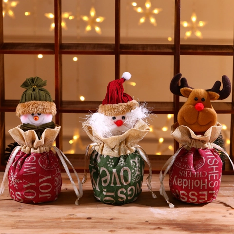 Sacchetti Regalo Di Natale Lino Iuta Coulisse 3D Babbo Natale Pupazzo Di Neve Renna Cartone Animato Dolci Festa