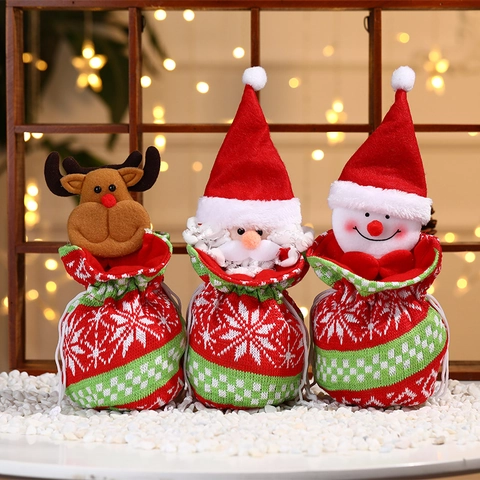 Christmas Knitted Drawstring Gift Bag Santa Snowman Reindeer Pattern Candy Pouch Kids Party Decorations Eve Apple Bag