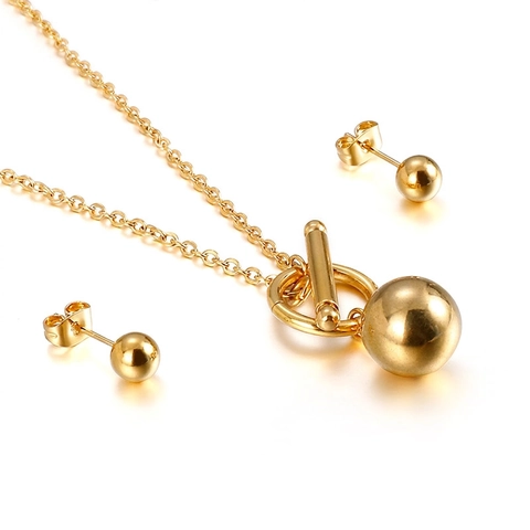 Stainless Steel Ball Pendant Necklace And Ball Stud Earrings OT Buckle Simple Fashion Gold Color Jewelry For Women