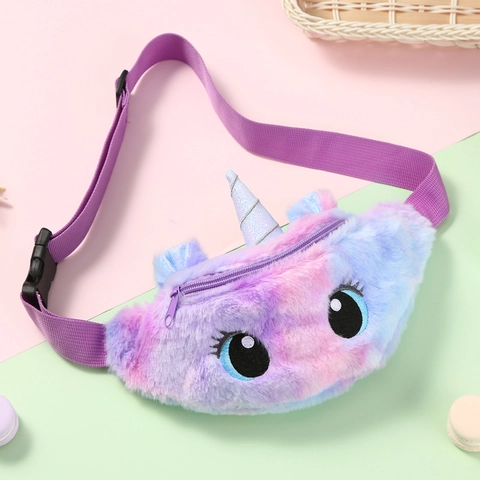 Kids Unicorn Plush Waist Bag Cartoon Faux Fur Chest Bag For Girls Gradient Color Cute Adjustable Strap Fanny Pack
