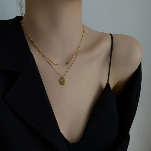 Collana Pendente Doppio Strato in Acciaio Inossidabile Oro Argento Placcato Croce Targhetta Rotonda Strass Gioielli da Donna