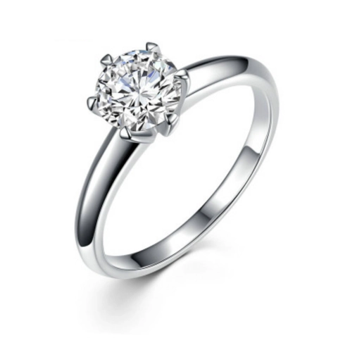 Vintage Six-Prong Solitaire Ring For Women Silver Plated Copper Adjustable Crown Design Rhinestone Wedding Promise Ring