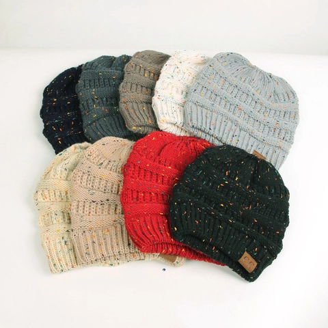 Soft Confetti Speckled Winter Beanie Hat For Women Men Warm Slouchy Acrylic Knit Cap Outdoor Fold Brim Faux Leather Patch
